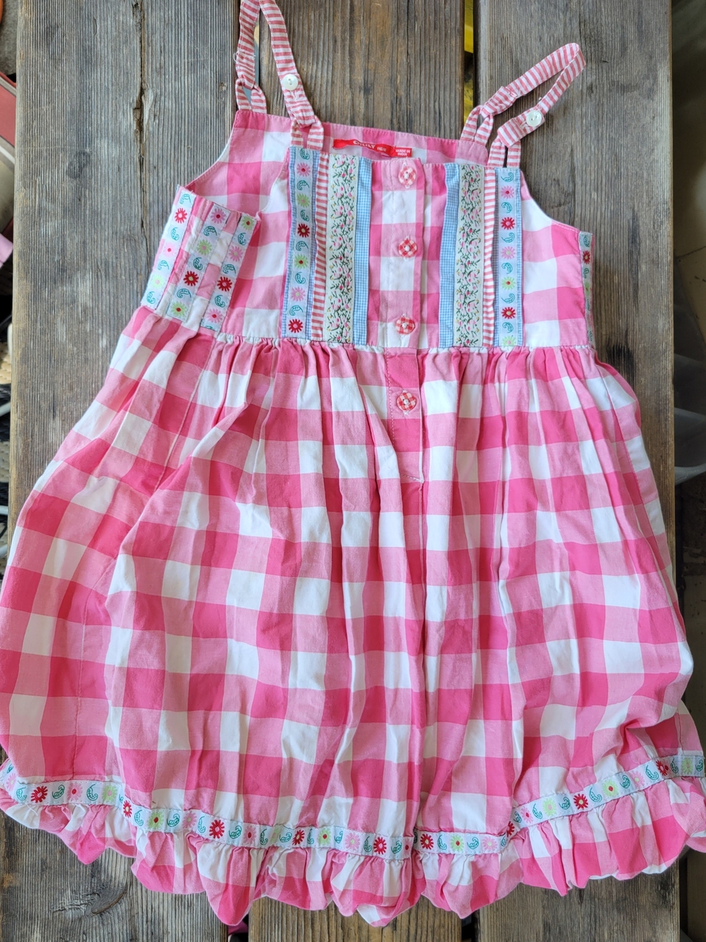 Vtg OILILY SZ 110 / 6 VGUC Pink White GINGHAM Checkered Flowers bubble Sundress